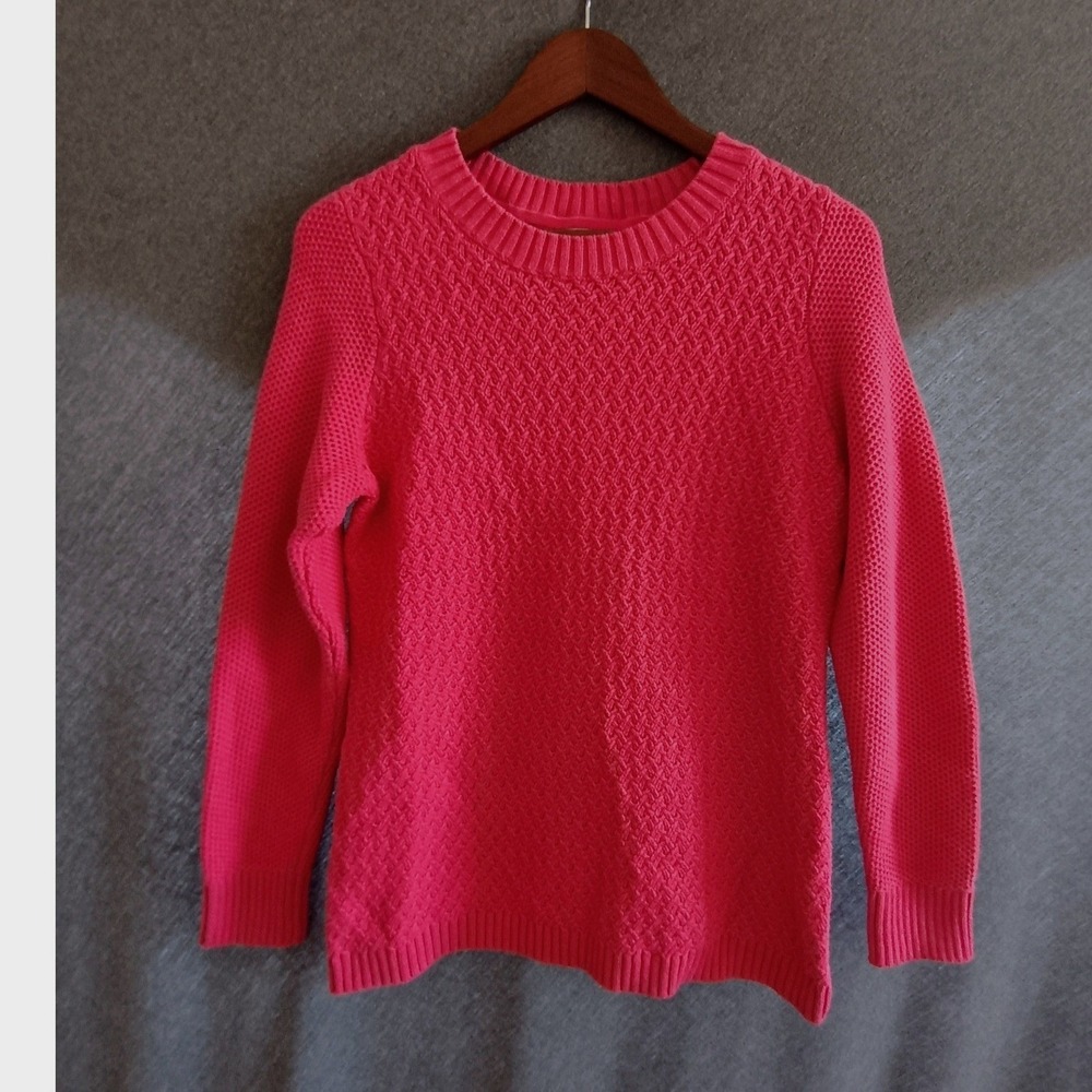 LL Bean Womens Pink Cotton Fisherman Knit Crewneck Sweater Size Medium Pullover